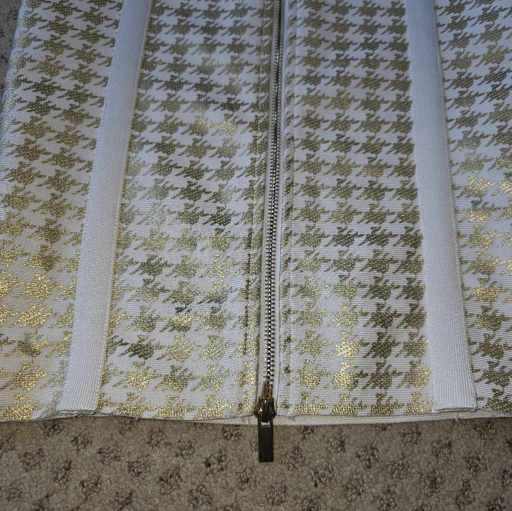 Gold Herringbone Pattern Bodycon Strapless Dress - image 6